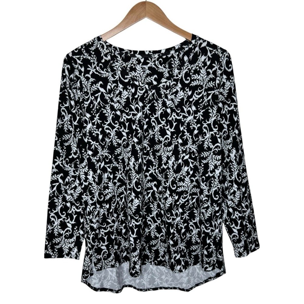 Soft Surroundings Floral Print Tunic Shirt Long Sleeve Black White Size XL